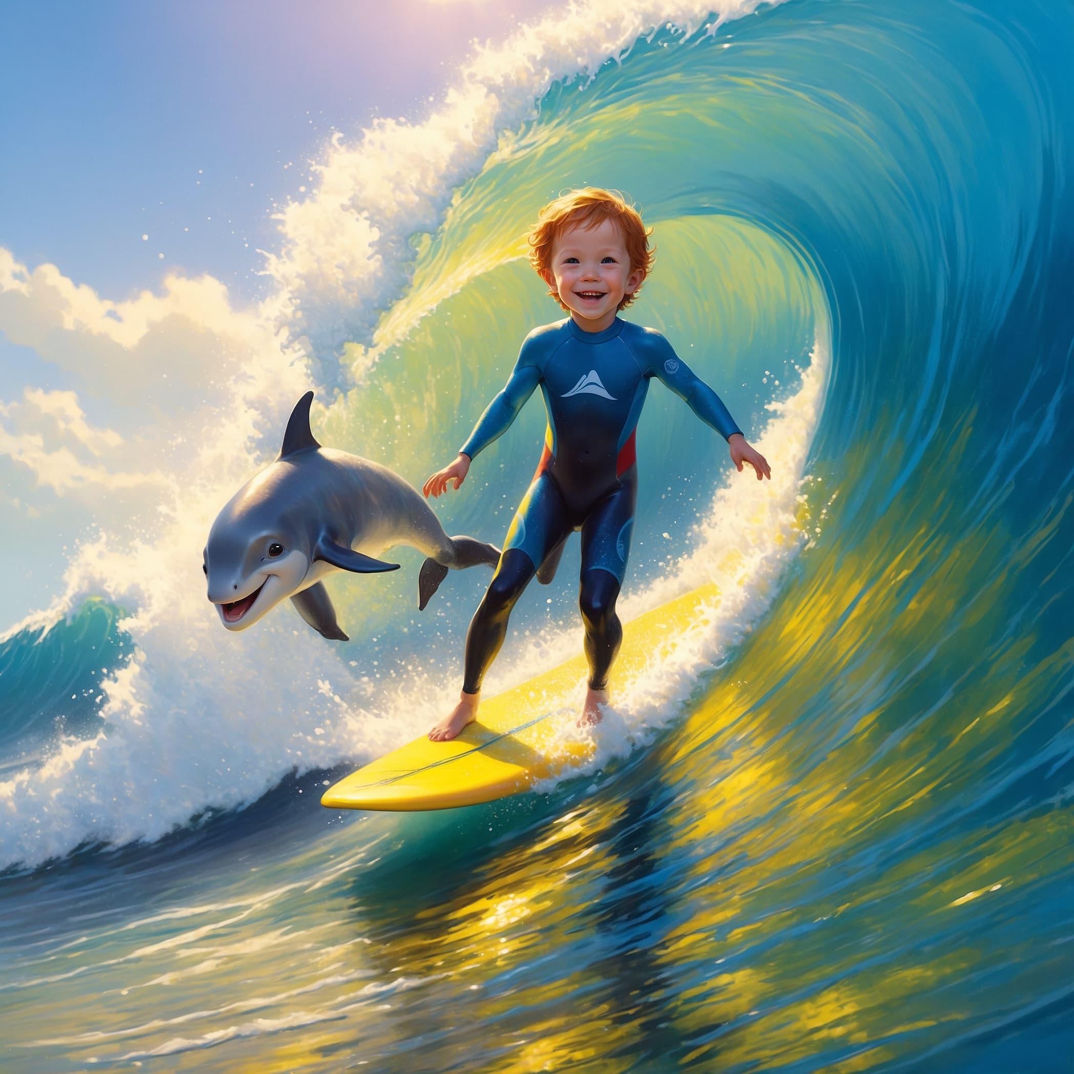 Child surfing with dolphin